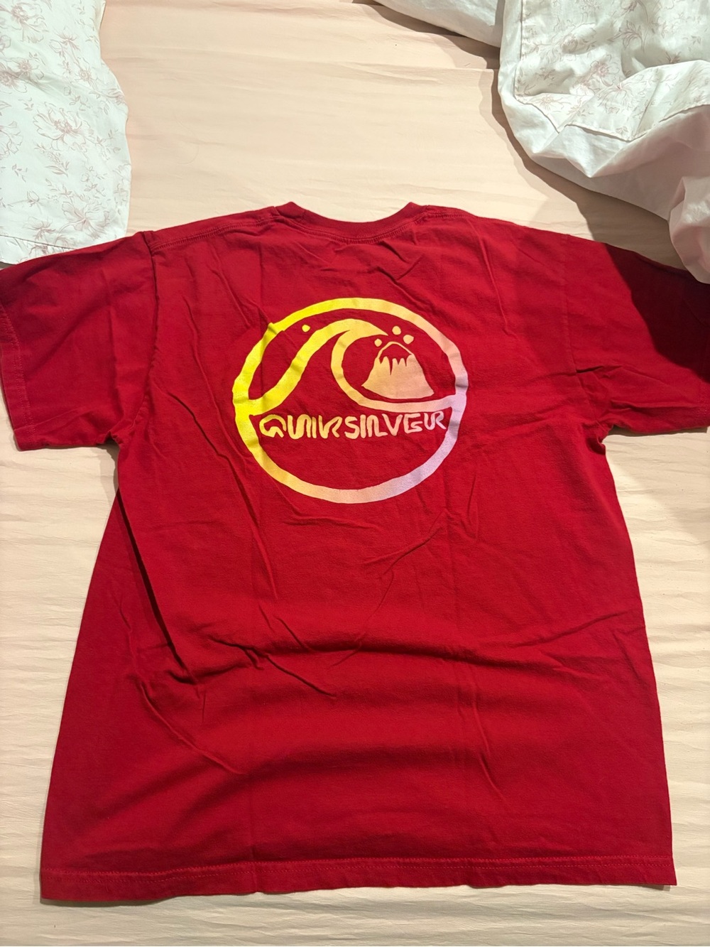 Quiksilver Red Short Sleeve T-Shirt with Yellow-White Gradient Logo